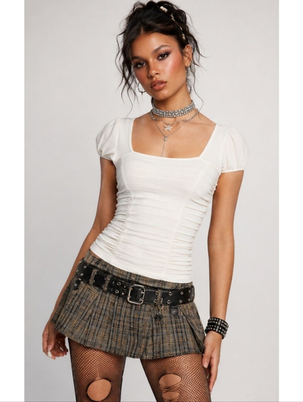Y2K White Ruched Puff Sleeve Top Open Back Tie Babydoll Fairy Grunge Whimsigoth